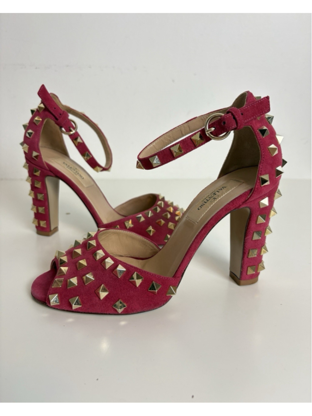Valentino Garavani Rockstud Red Suede Ankle Strap Block Heel Sandals Pumps EU 36 - Picture 6 of 13